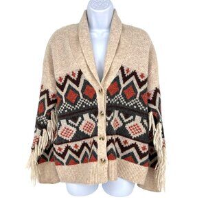 Frye & Co Southwestern Fringe Cardigan Sweater Ivory Cream Multicolor Size Small